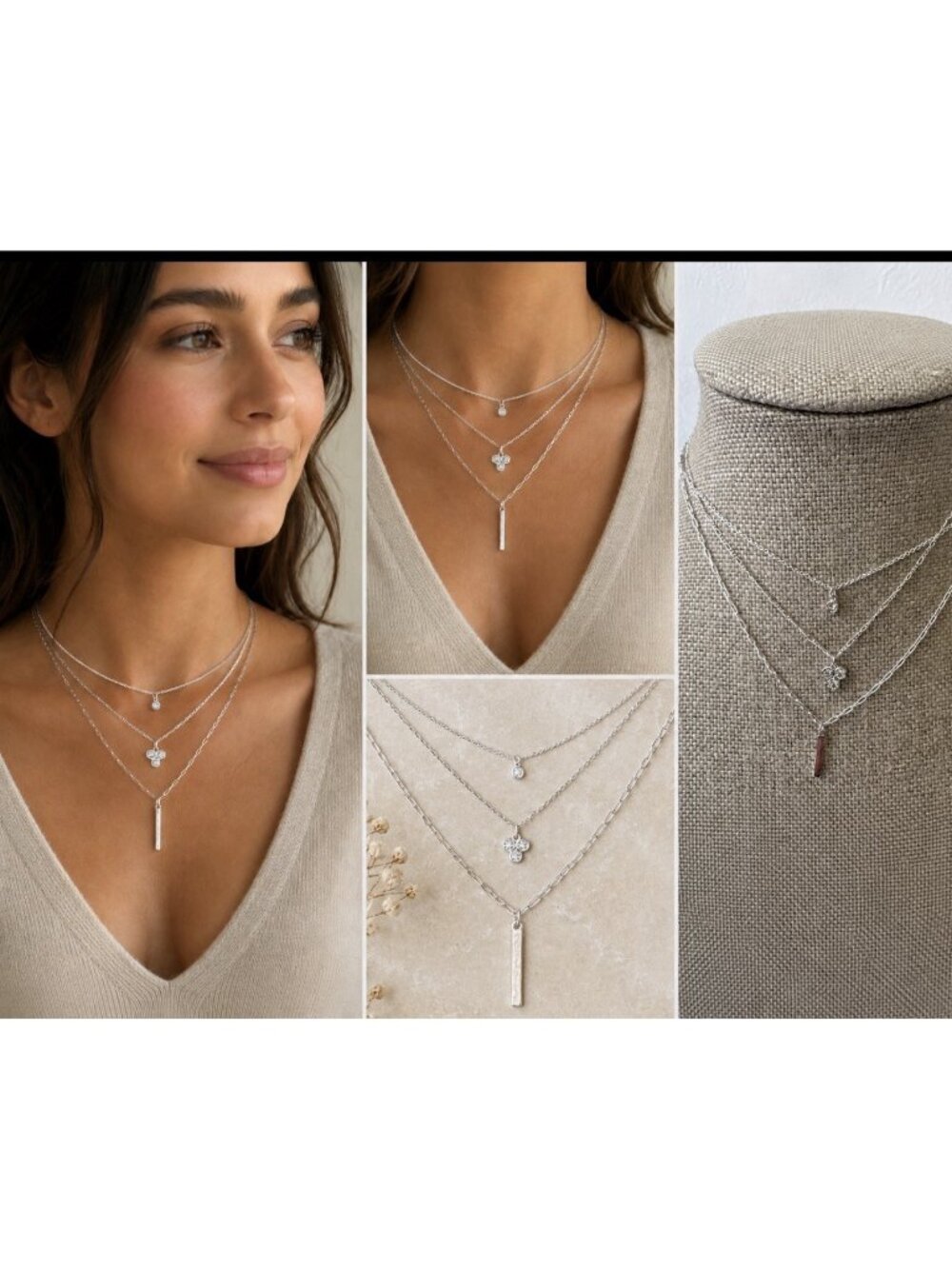 Bijoux Delicates Silvertone 3 Chain Bar Charm Layered Statement 16" Necklace NEW